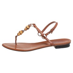 Used Gucci Brown Leather Bamboo Embellished Flat Thong Sandals Size 39