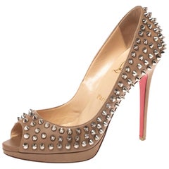 Christian Louboutin Beige Leather Yolanda Spikes Peep Toe Pumps Size 38