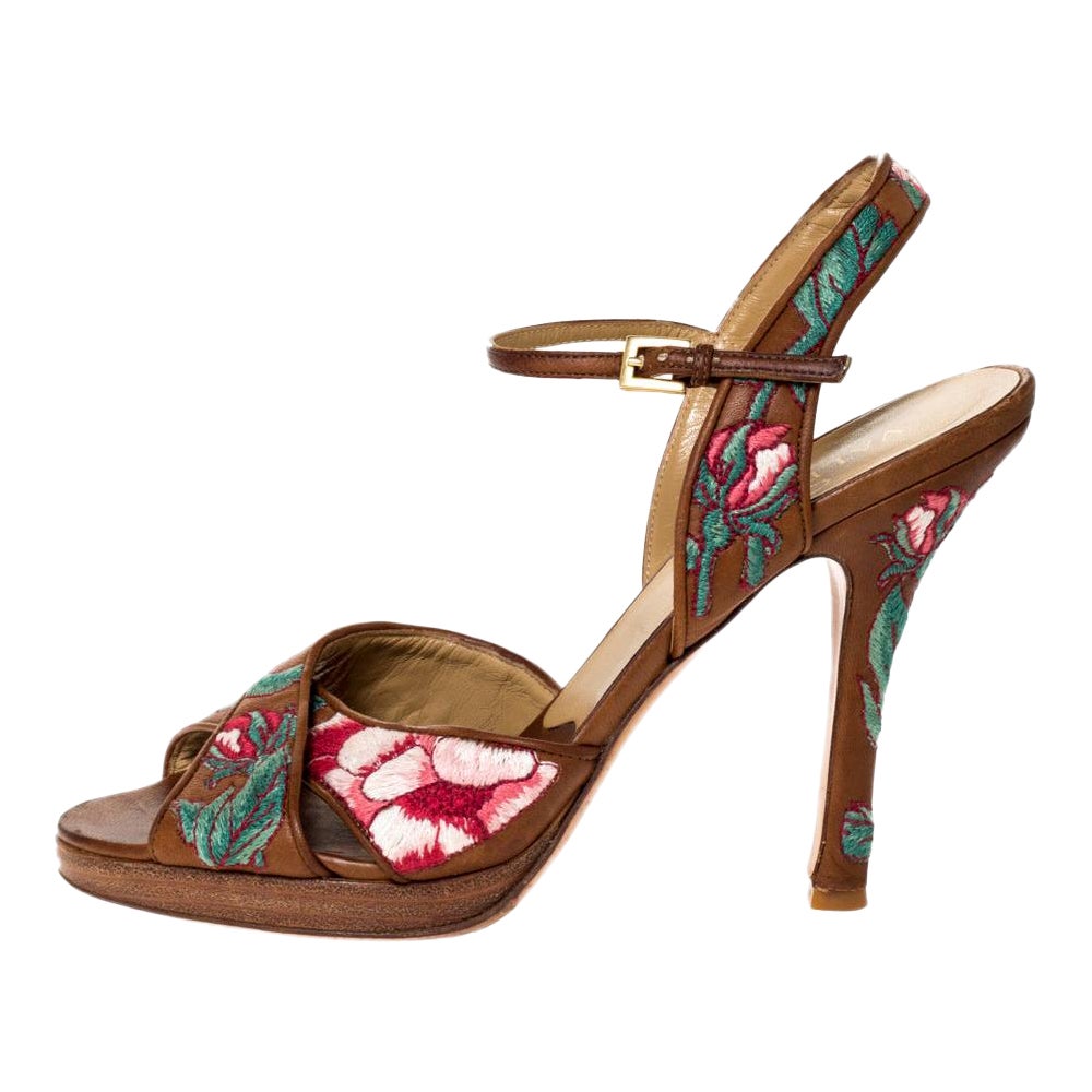Valentino Brown Leather Embroidered Ankle Strap Sandals Size 39.5 For Sale