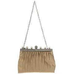 Valentino Beige Satin Crystal and Pearl Embellished Frame Chain Clutch