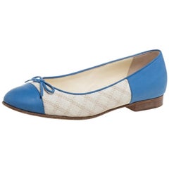 Chanel Blue/White Leather And Canvas Bow Cap Toe Ballet Flats Size 36