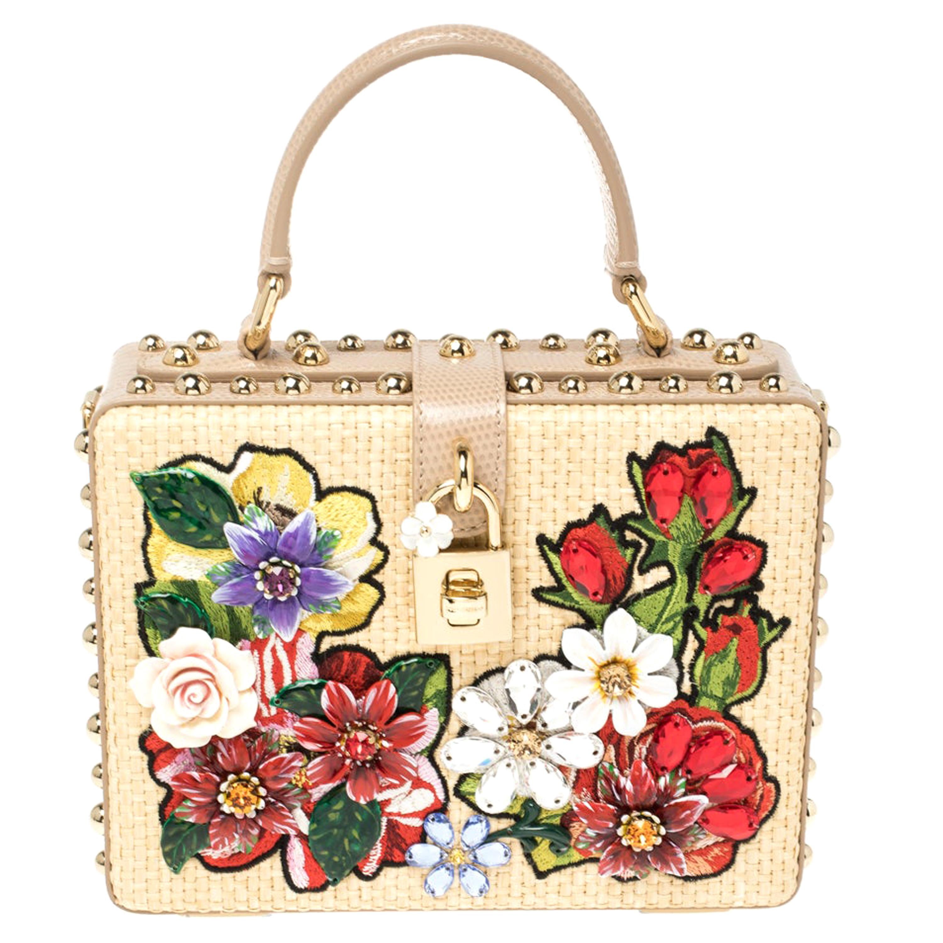 Dolce and Gabbana Beige Embroidered Raffia and Leather Crystal Box Top  Handle Bag at 1stDibs