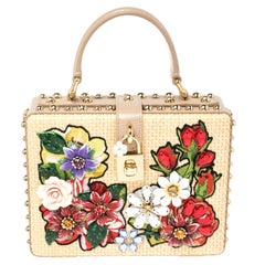 Dolce & Gabbana Beige Embroidered Raffia and Leather Crystal Box Top Handle Bag
