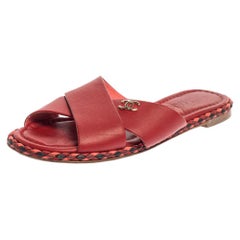 Chanel Red Leather Braided Trim Criss Cross CC Flat Slides Size 36