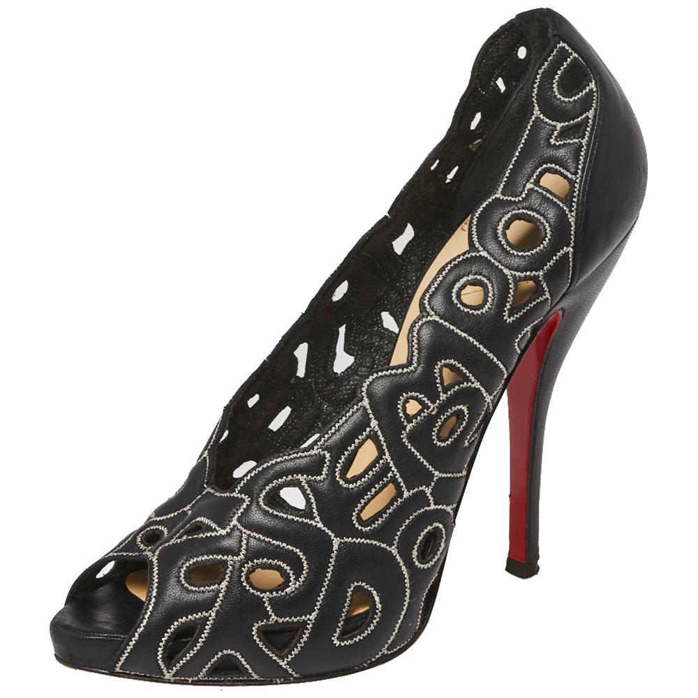 Christian Louboutin Black Letter Leather Tell Me Cutout Pumps Size 36 For Sale