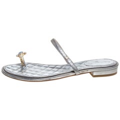 Chanel Silver Leather Enamel Embellished Toe Ring Flat Sandals Size 36