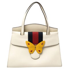 Gucci White Leather Medium Web Butterfly Linea Totem Tote