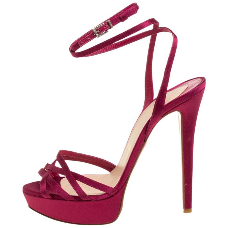 Christian Louboutin Pink Satin Platform Ankle Wrap Sandals Size 38 For Sale