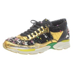 Chanel Multicolor Tweed and Metallic Leather Lace Up Sneakers Size 39.5