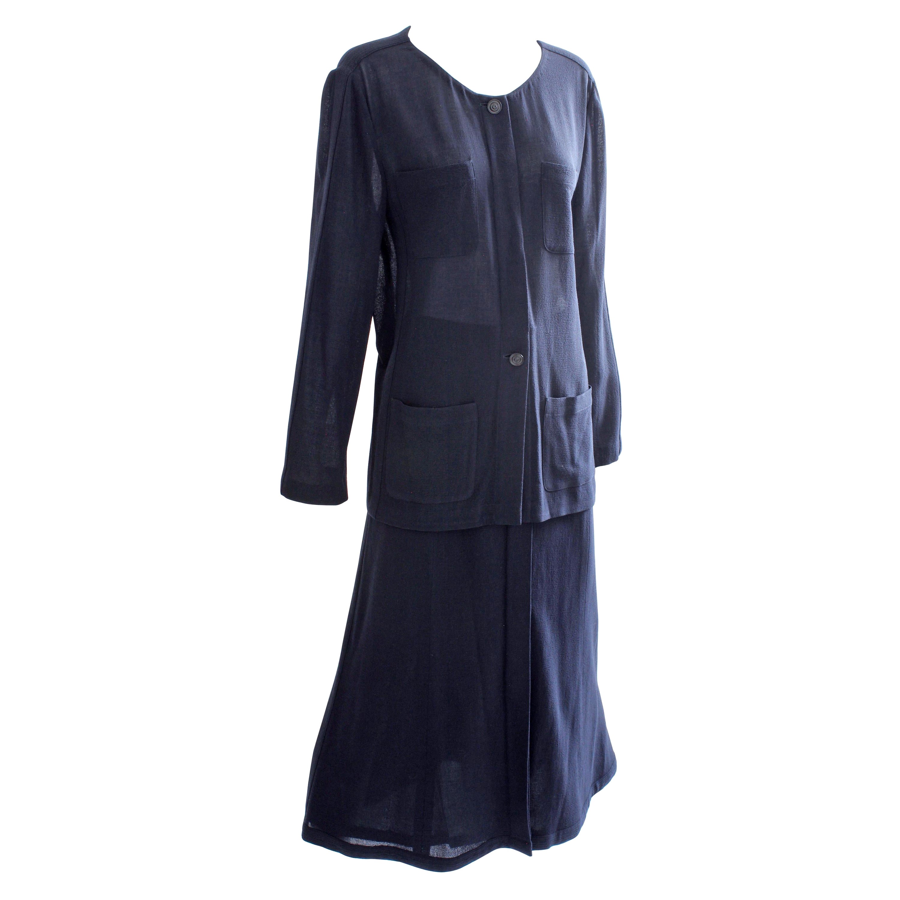 Chanel Sheer Wool Crepe Jacket and Button Front Skirt Suit 2pc Navy Blue Sz 44
