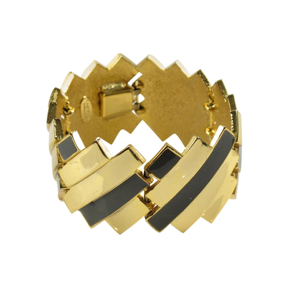 Lanvin Paris Gilt Metal and Gray Enamel Modernist Link Bracelet For Sale
