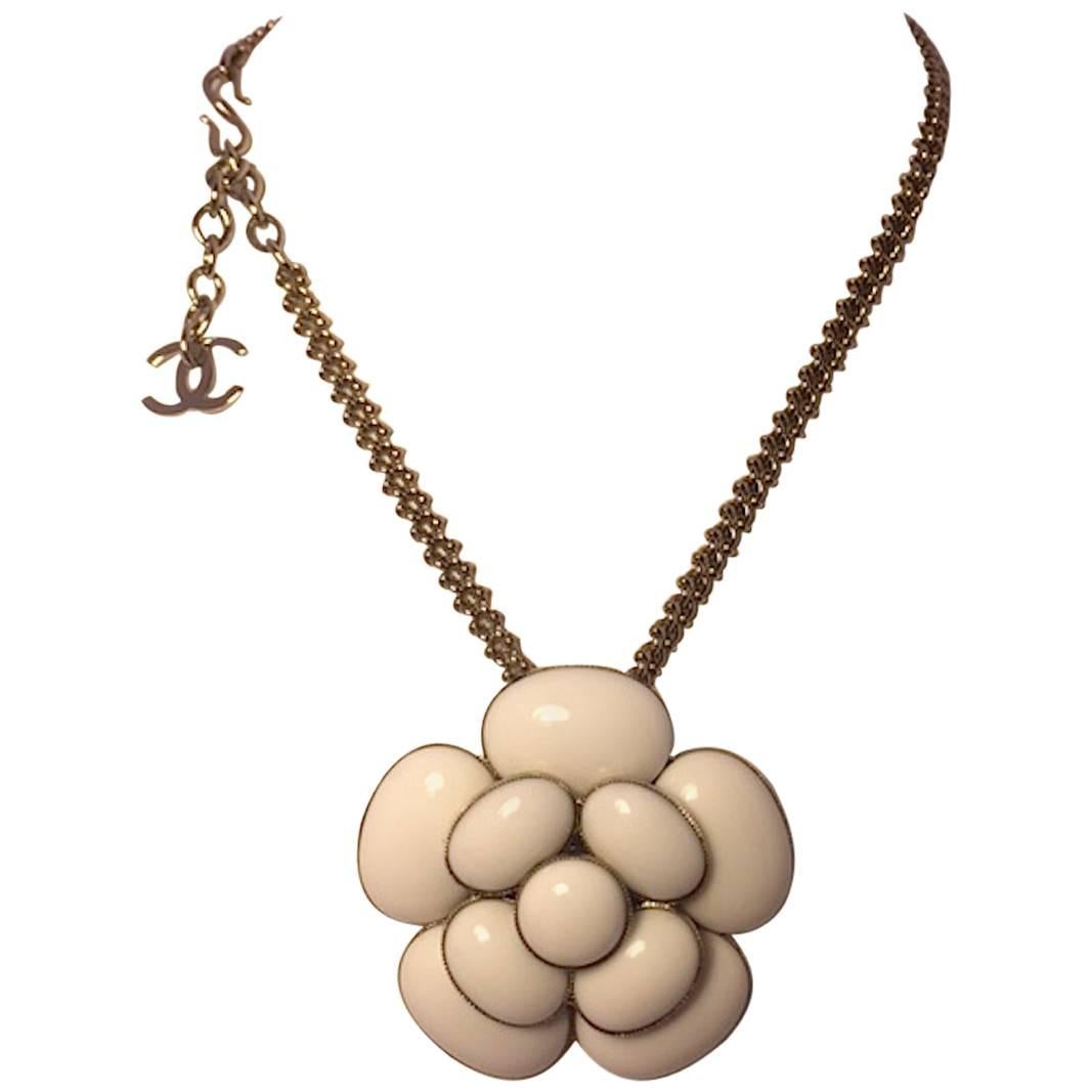Chanel Gripoix Glass Camellia Silver Pendant Necklace