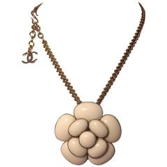 Chanel Gripoix Glass Camellia Silver Pendant Necklace