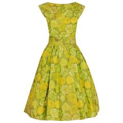 1955 Christian Dior Demi-Couture London Yellow & Green Roses Floral Silk Dress