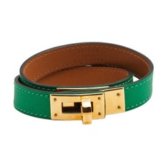 Hermes Green Leather Gold Plated Kelly Double Tour Bracelet
