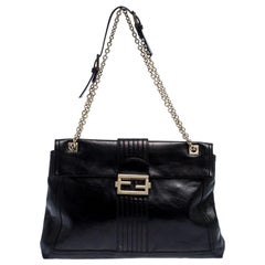 Fendi Black Leather Maxi Baguette Flap Shoulder Bag