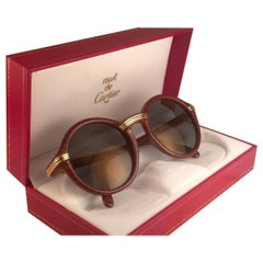 New Cartier Cabriolet Round Brown 52MM 18K Gold Sunglasses France 1990's