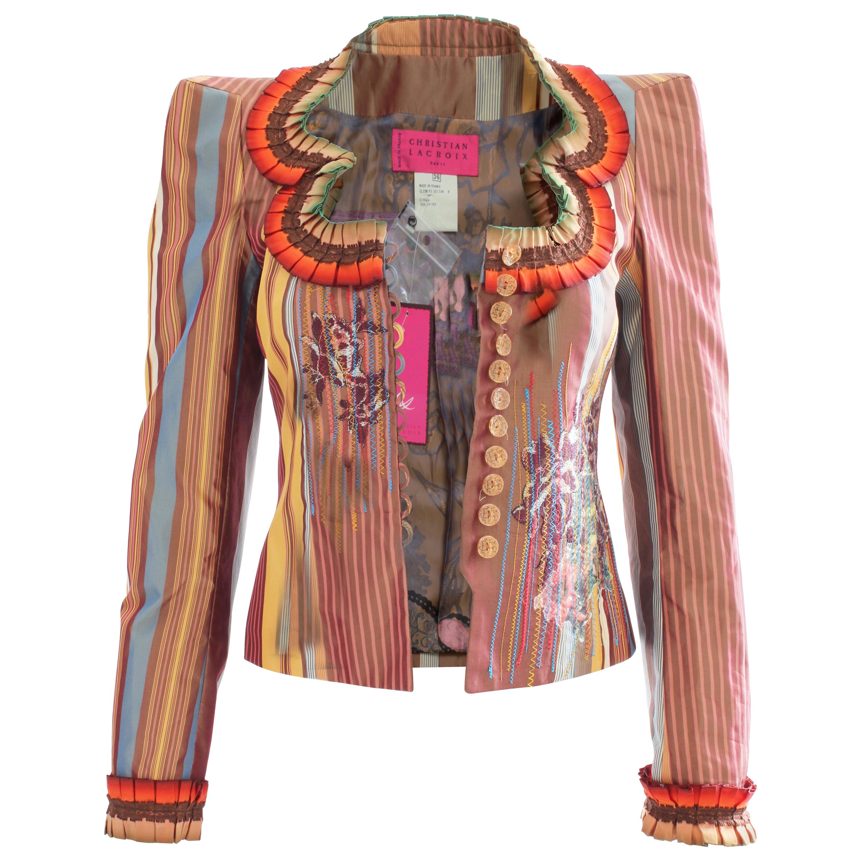 Christian Lacroix Silk Jacket with Stripes, Tapestry + Ruffles New Tags sz36