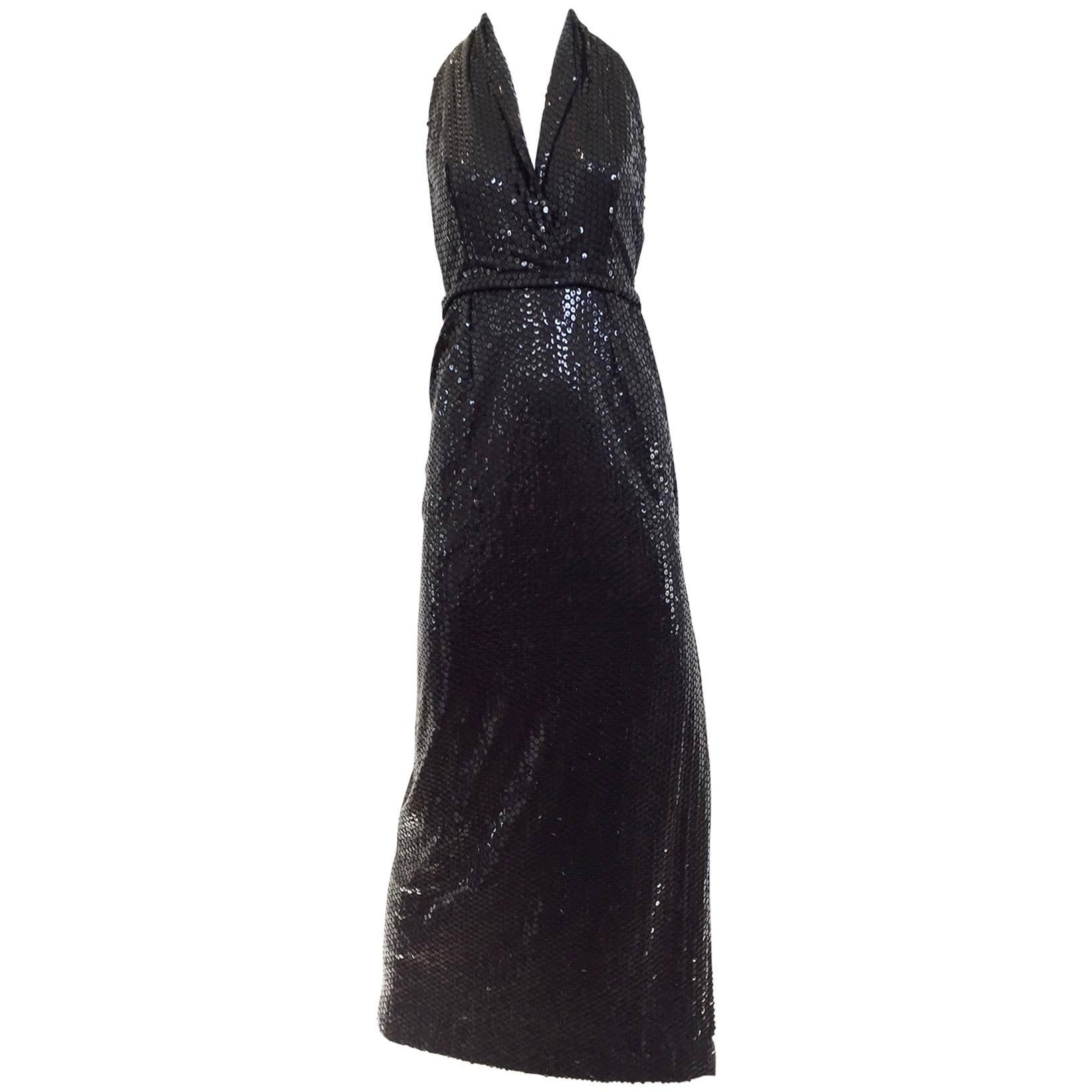1970s Cyreld Paris Black sequin cocktail halter dress For Sale at 1stDibs