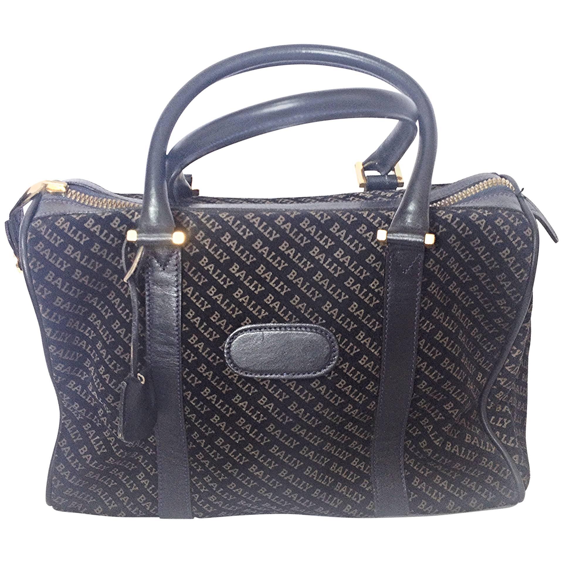 Vintage Bally dark navy genuine suede leather mini duffle, speedy type handbag