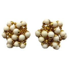 Vintage Trussardi Ivory and Gold Bead Cluster Large Earrings