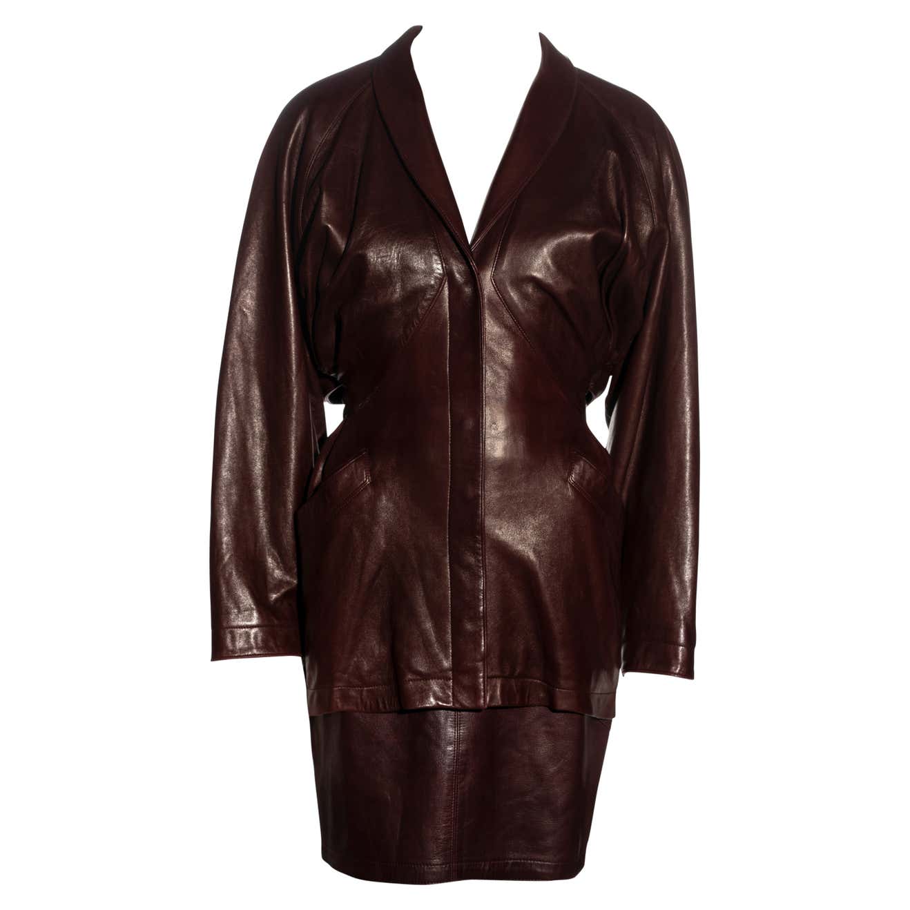 Azzedine Alaia brown leather jacket and skirt suit, fw 1984 For Sale at ...