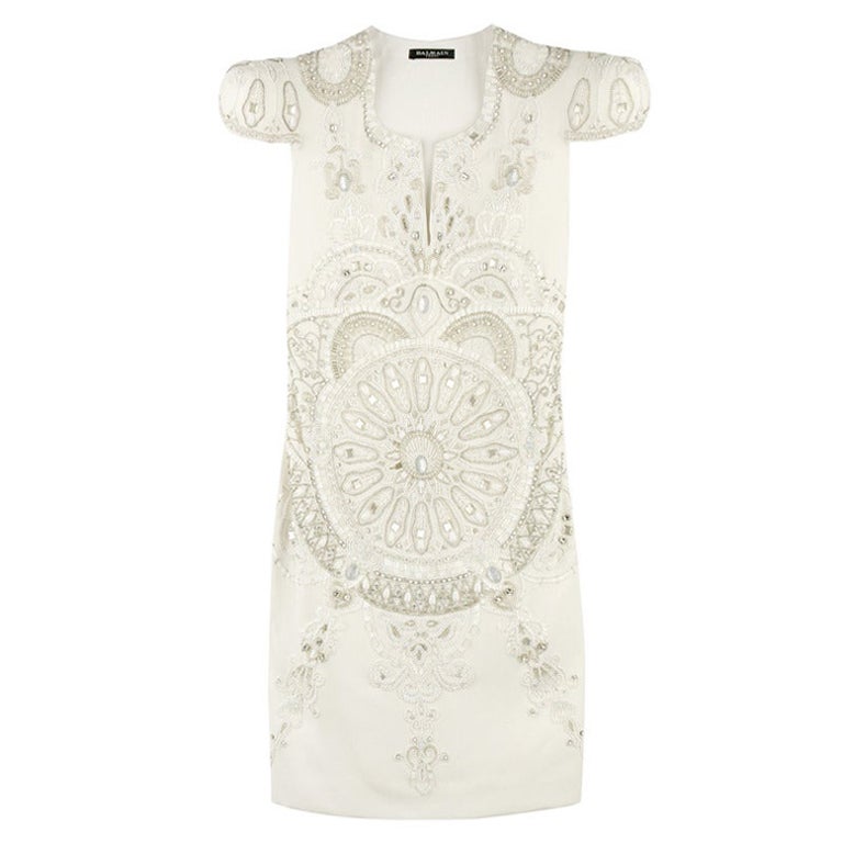 Balmain White Silk Embroidered and Beaded mini dress