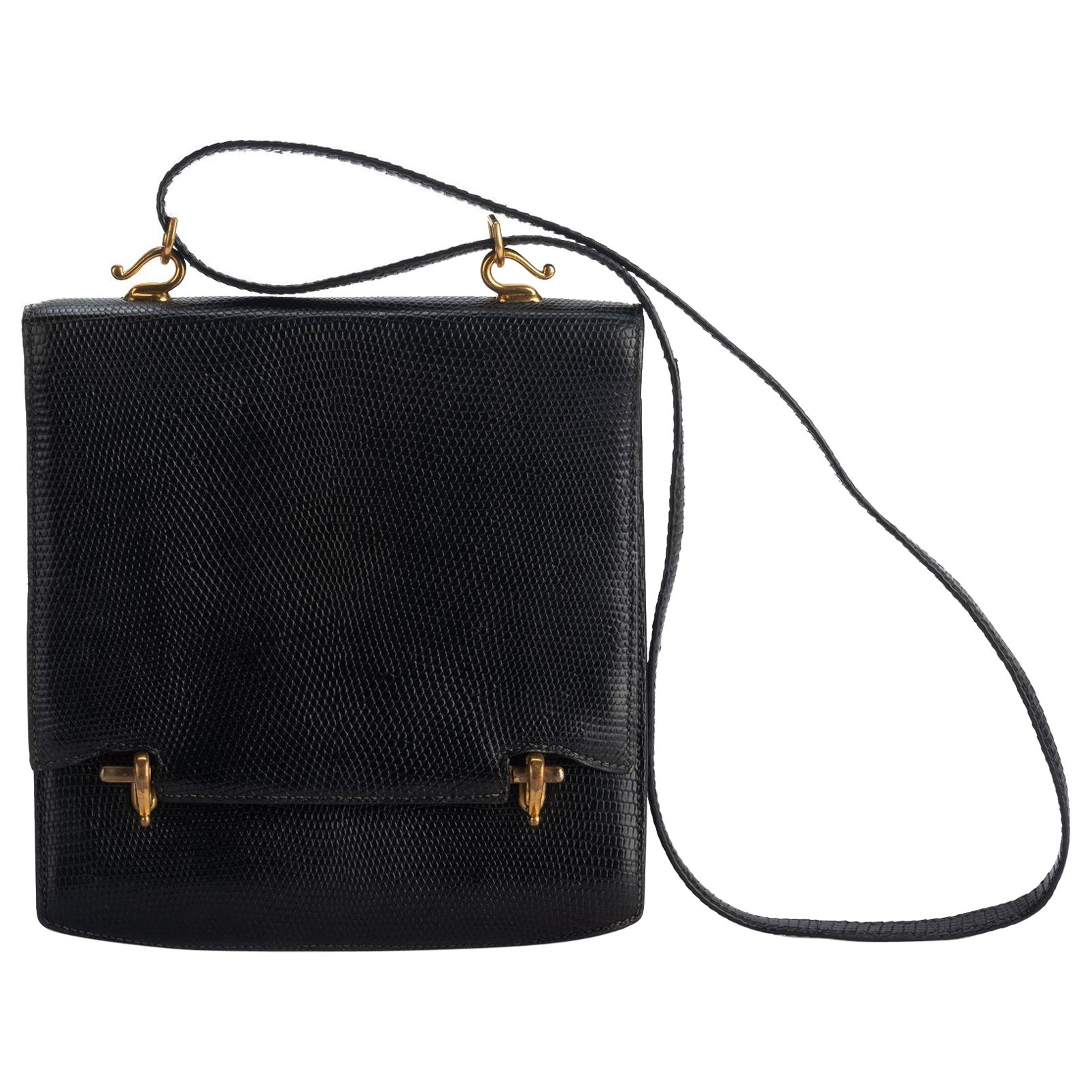 Hermes Black Lizard Vintage Shoulder Bag For Sale
