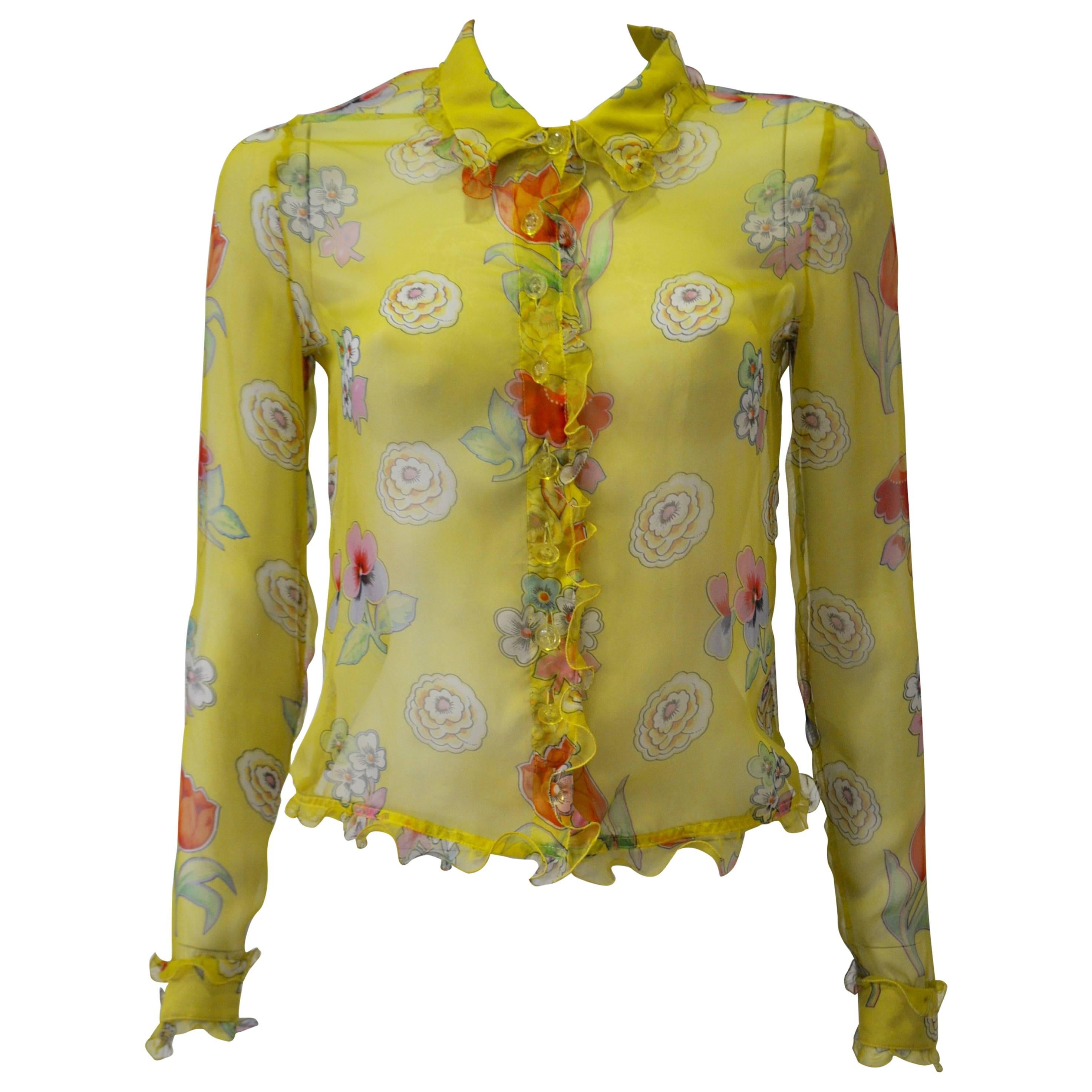 Gianni Versace Couture Sheer Yellow Floral Ruffle Trim Silk Shirt For Sale