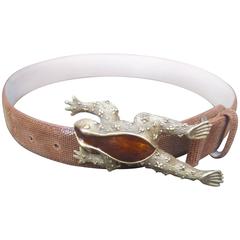 Vintage Unique Large Gilt Enamel Frog Buckle Brown Leather Belt 