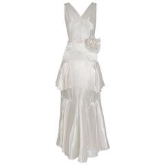 1930's Ethereal Ivory-White Satin Floral Applique Bias-Cut Tiered Deco Gown 10