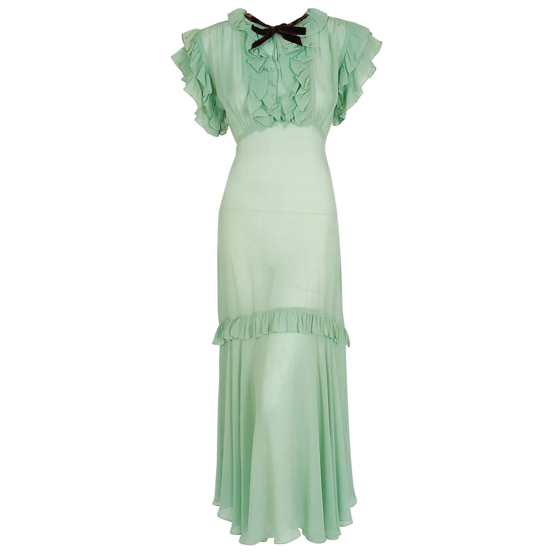 1930's Elegant Seafoam-Green Pleated Ruffle Silk Chiffon Bias-Cut Sheer Gown