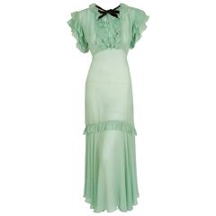 Vintage 1930's Elegant Seafoam-Green Pleated Ruffle Silk Chiffon Bias-Cut Sheer Gown