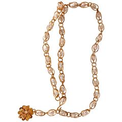 Vintage CHANEL Goldtone Chain Belt with Faux Pearls and Flower Pendant