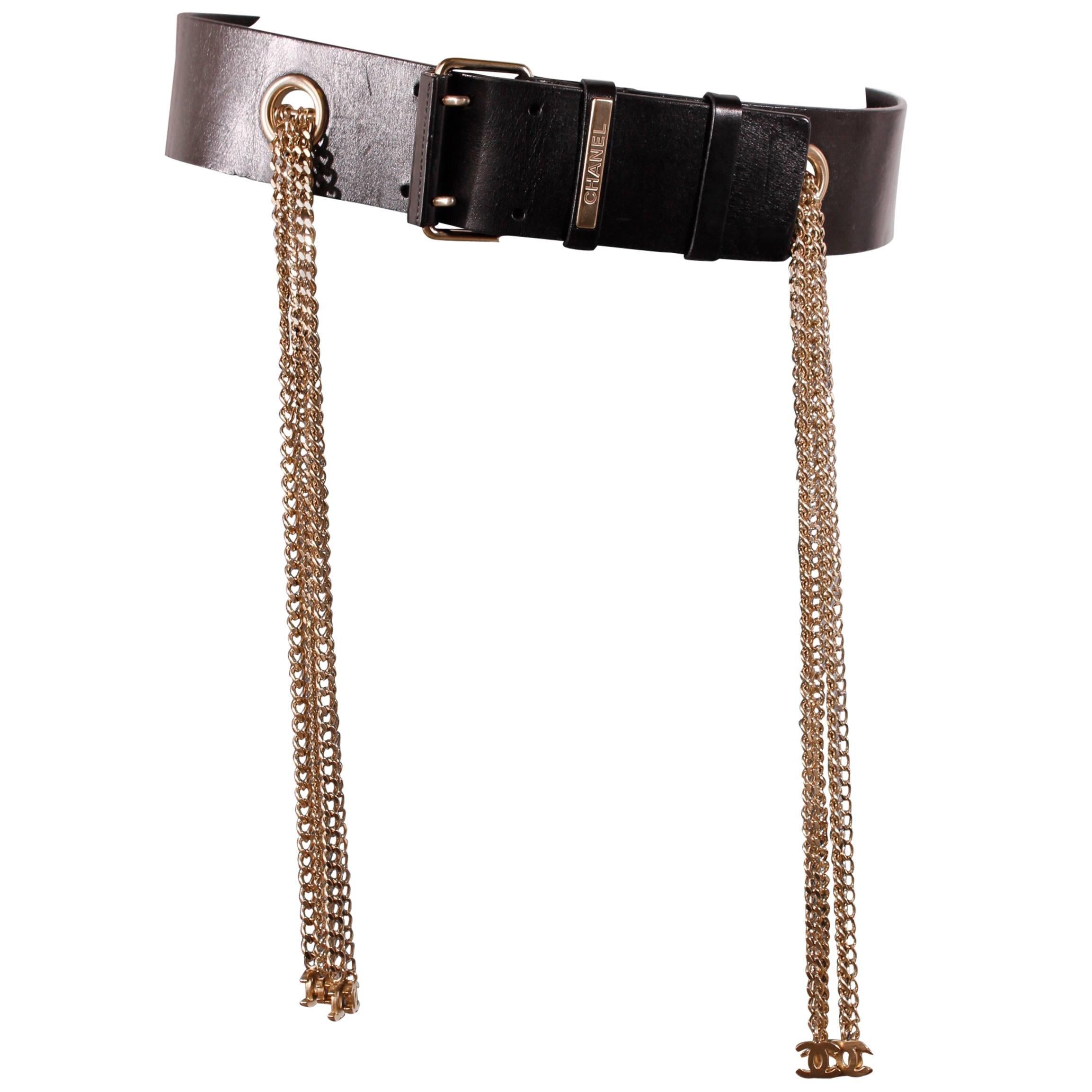 Chanel Leather Belt with Silver Chains CC-logo
