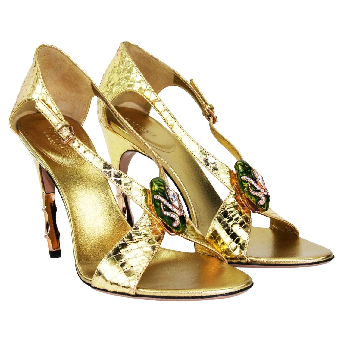 New Tom Ford for Gucci S/S 2004 Gold Python Jeweled Bamboo Heel Shoes 9.5 - 39.5 For Sale