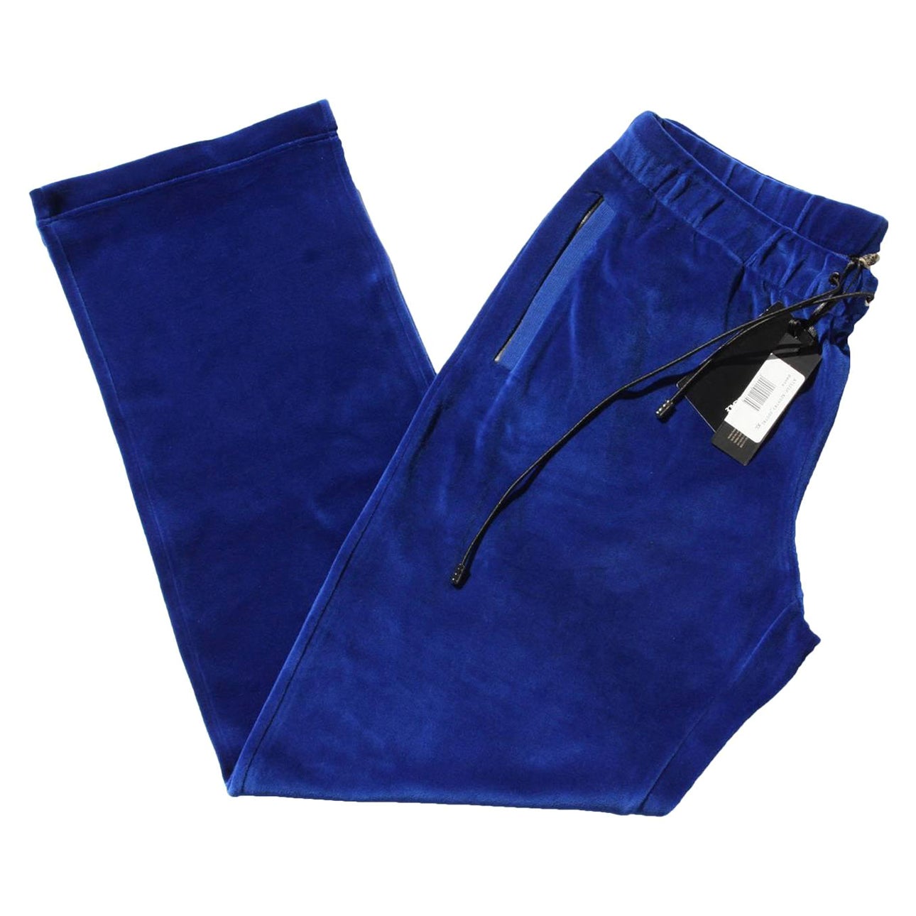 New Versace Medusa Logo Men's Blue Velvet Sweatpants Black Leather Trim size XL For Sale