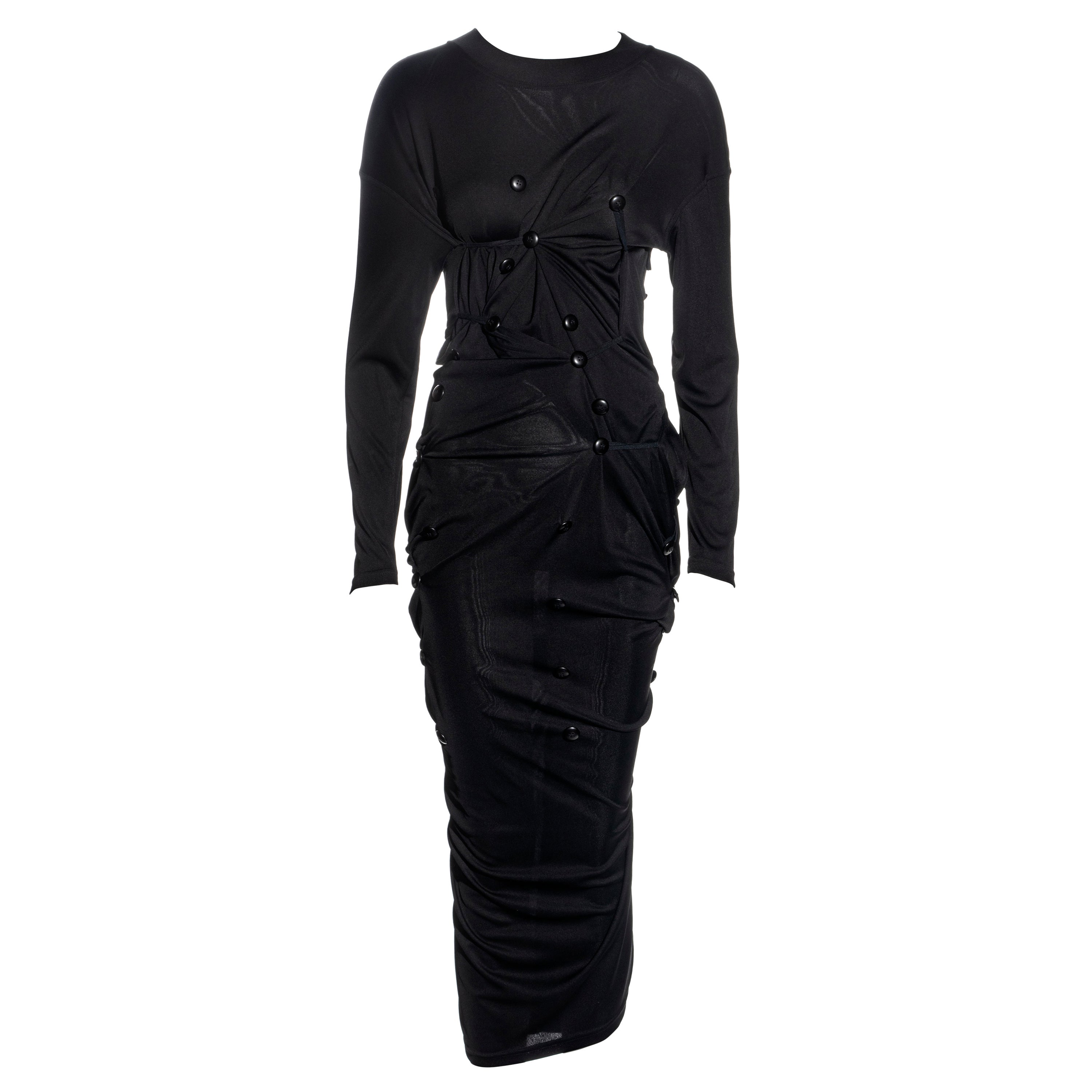 Dolce & Gabbana black jersey maxi dress with adjustable button closures, fw 1987 For Sale