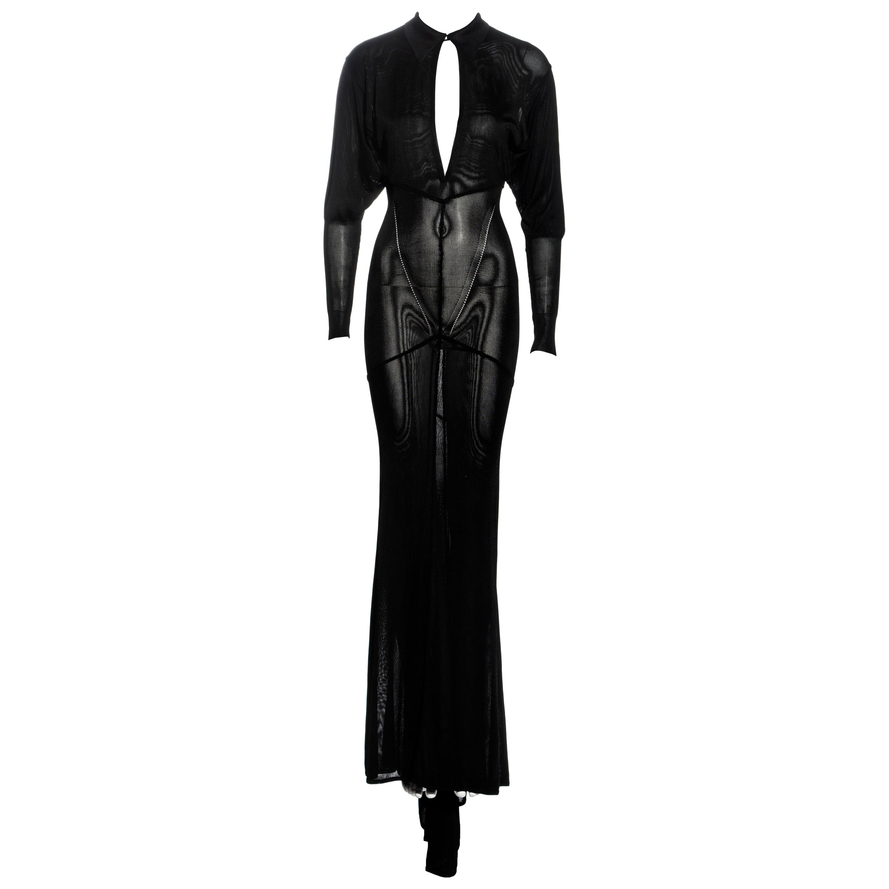 Azzedine Alaia black acetate knit evening dress with train, fw 1986 For Sale