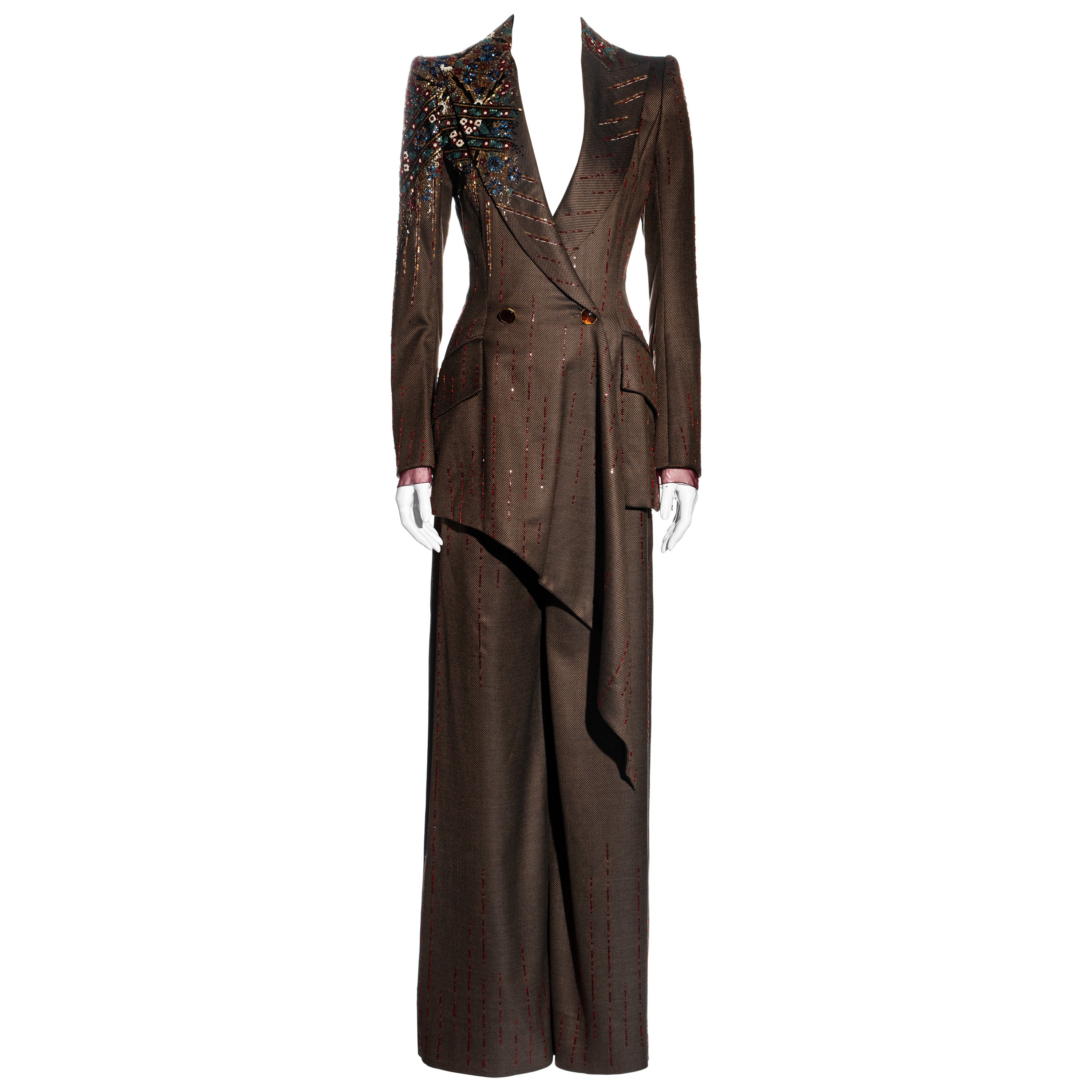 Jean-Louis Scherrer Haute Couture embellished brown wool pant suit, fw 2001 For Sale