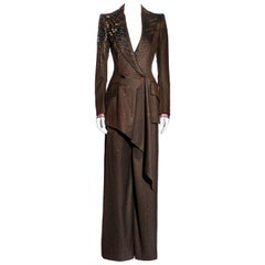 Vintage Jean-Louis Scherrer Haute Couture embellished brown wool pant suit, fw 2001