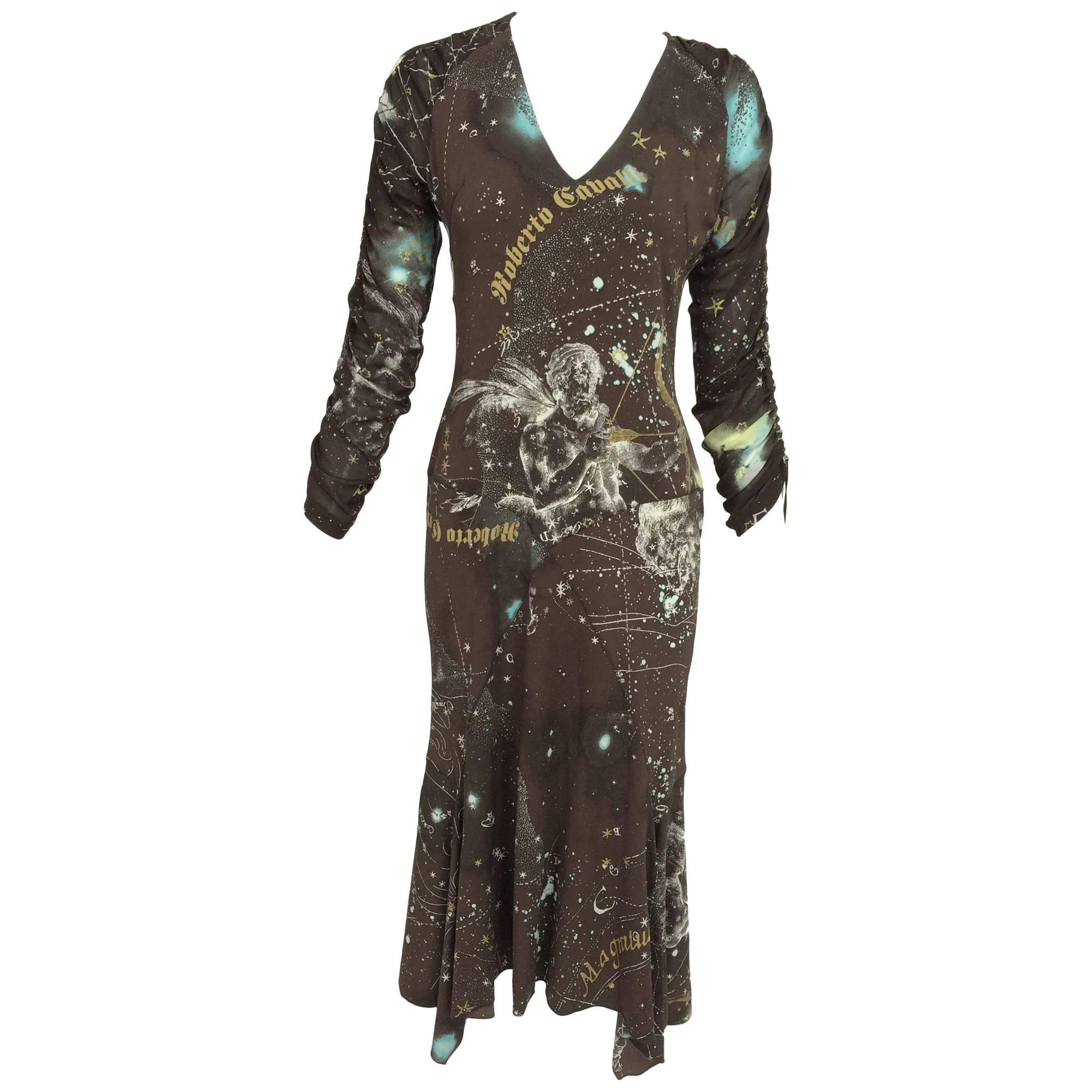 Roberto Cavalli rare chocolate brown silk Constellation dress 1990s 