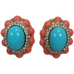 Vintage Kenneth Lane faux turquoise coral & diamond clip back earrings 