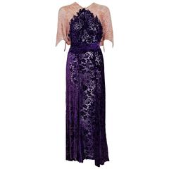 1930's Royal-Purple & Pink Floral Velvet Flocked Silk Bias-Cut Larger Size Gown