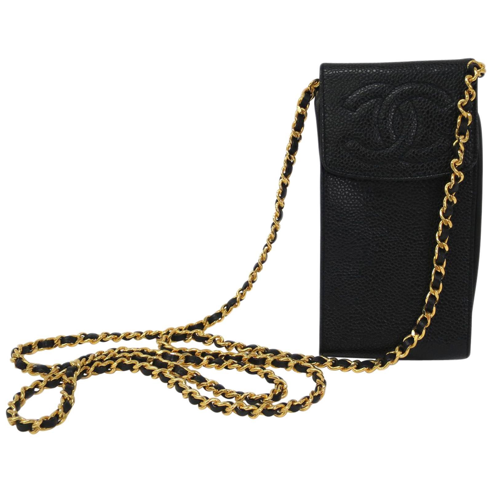 Chanel Schwarz Kaviar Leder Gold Mini Handy Crossbody Umhängetasche in Box
