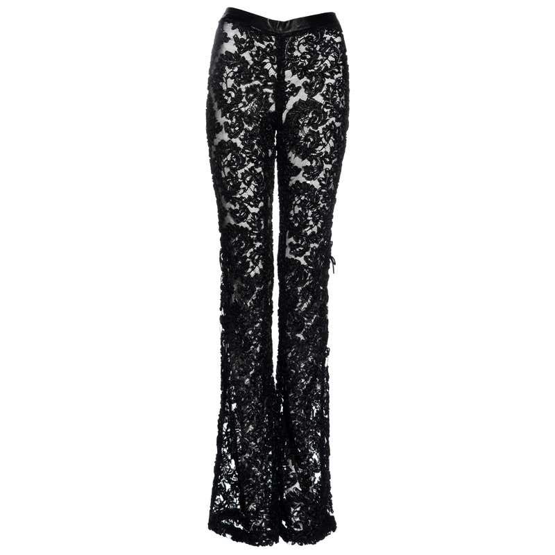 Gucci by Tom Ford blue and black lamé floral lace flared pants, fw 1999 ...