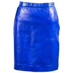 Vintage Saint Laurent Royal Blue Leather Pencil Skirt SZ 44