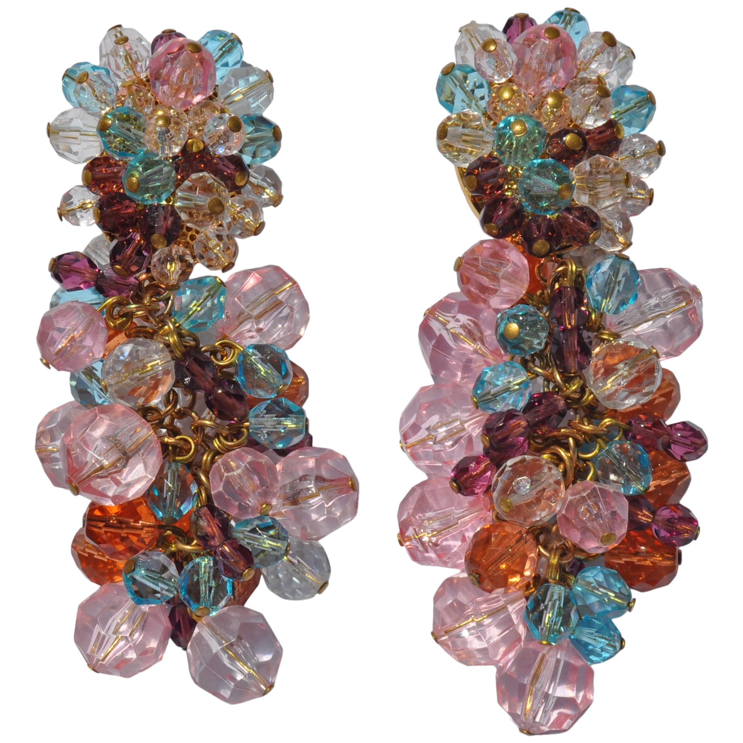Radiant Gianfranco Ferre Multi-Color Cluster Glass Bead Statement Earrings For Sale
