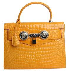 Gianni Versace Couture Orange Croc geprägte Emaille Leder Kelly Style Handtasche