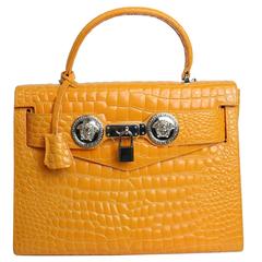 Gianni Versace Couture Orange Croc Embossed Enamel Leather Kelly Style Handbag